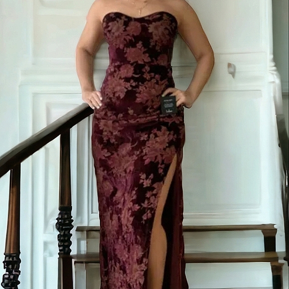 Lulu's Red Wine Floral Burnout Velvet Stapless Maxi Dress - Picture 12 of 12